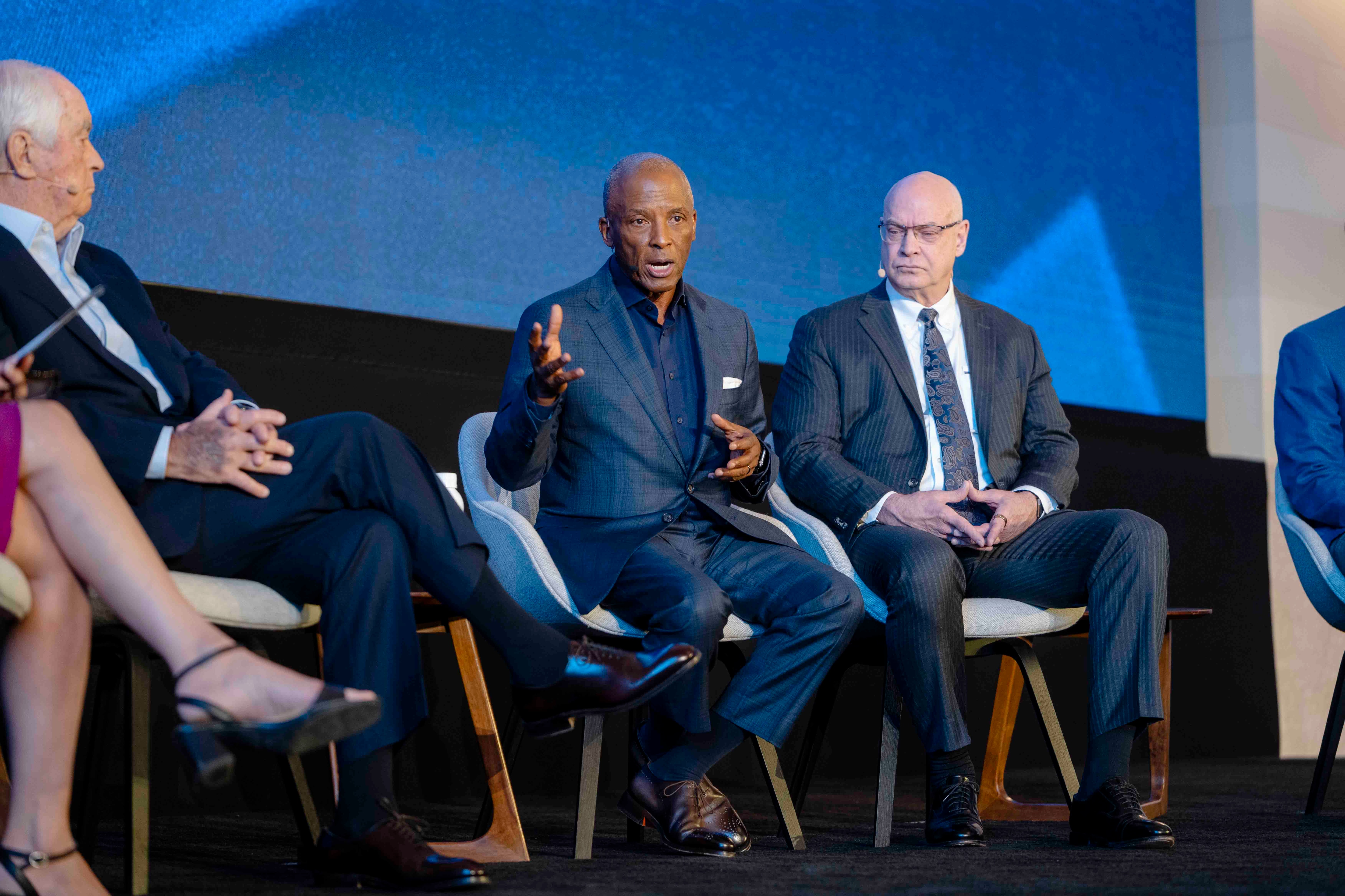 Chairman, President, and CEO of Southern Company Chris Womack and  David Burritt, President and CEO of US Steel, on stage at the Ford Pro Accelerate event.